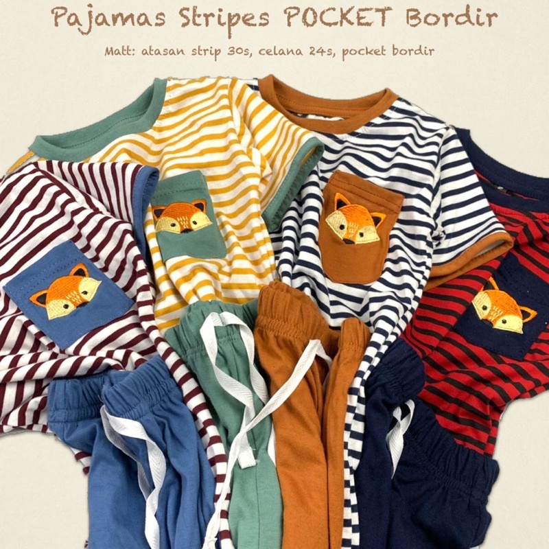 Setelan Anak Pajamas Stripes Pocket Bordir Unisex 2-10 Tahun Original Pneapple Kids Kaos Super Premium Pakaian Anak Terlaris Termurah Best Seller