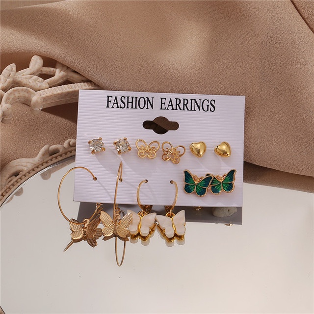 YEEZII 12 Pcs / Set Anting Stud Liontin Kupu-Kupu Mutiara Bahan Resin Warna Emas Perak Untuk Wanita