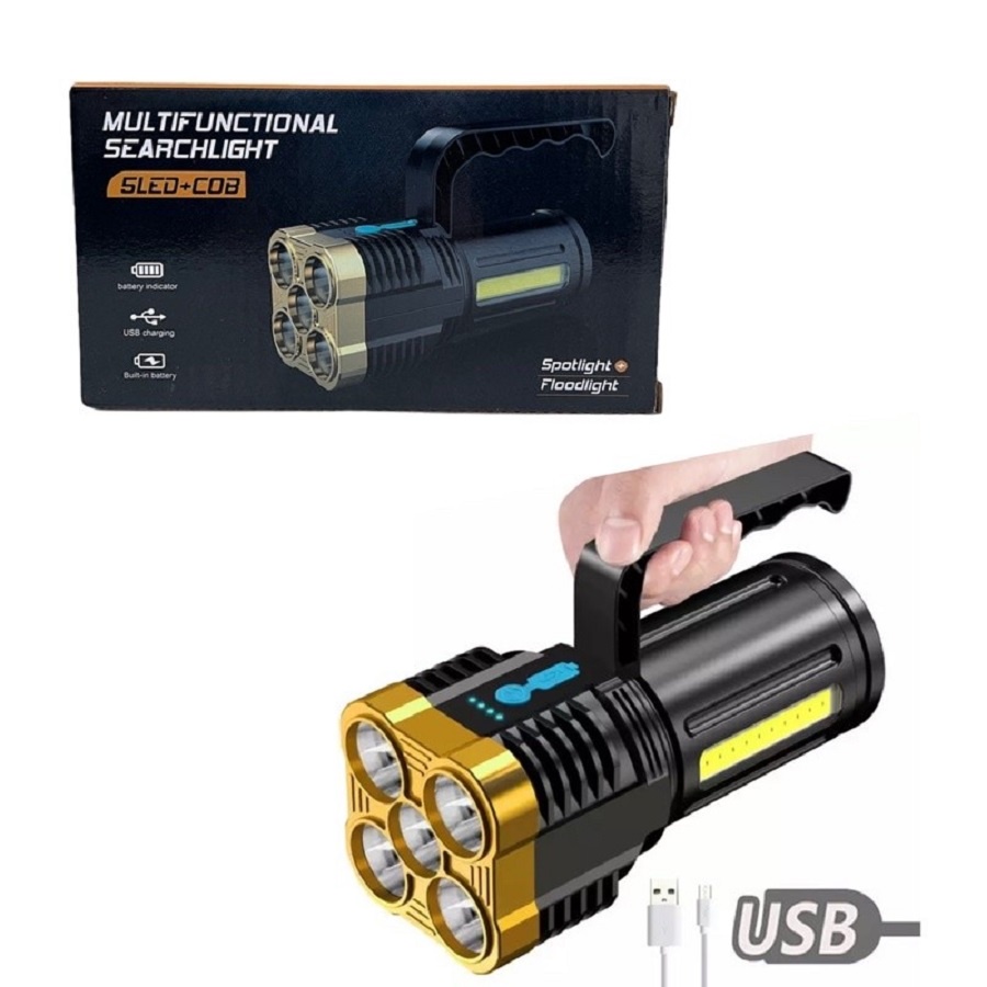 SENTER TANGAN COB 5 MATA LED SUPER TERANG SENTER GENGGAM LAMPU EMERGENCY USB RECHARGE