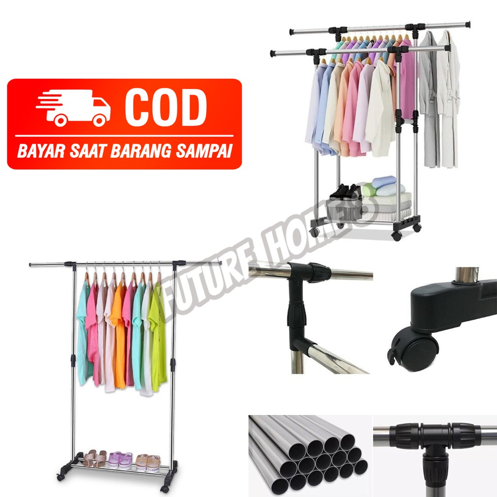 Stand Hanger Single Dgjy-1 portable Rak Serba Guna Dengan 4 Roda Jemuran Baju Lemari Gantung Serbaguna