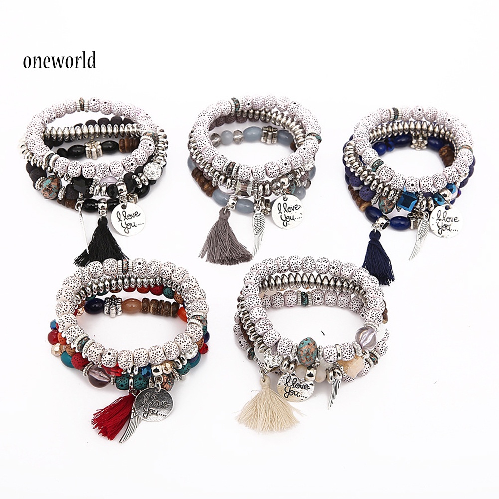 Oneworld Gelang Manikmanik Batu Alam Multilayer Aksen Rumbai Gaya Bohemian Untuk Wanita