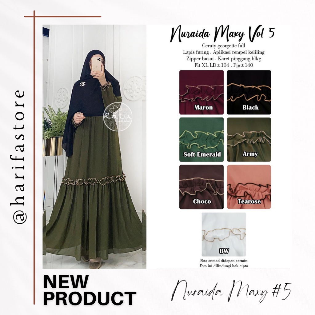 NURAIDA MAXY VOL 5 ORIGINAL BY RATU MULABEES | GAMIS POLOS MUSLIMAH TERBARU | LD 108 PB 140 | BAHAN 