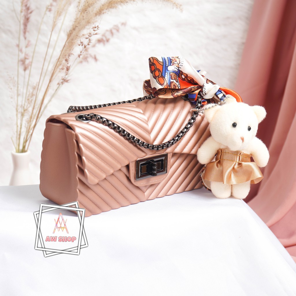 (Cod) Tas Jelly Chevron Matte Salur Size 18 Cm Rantai Hitam