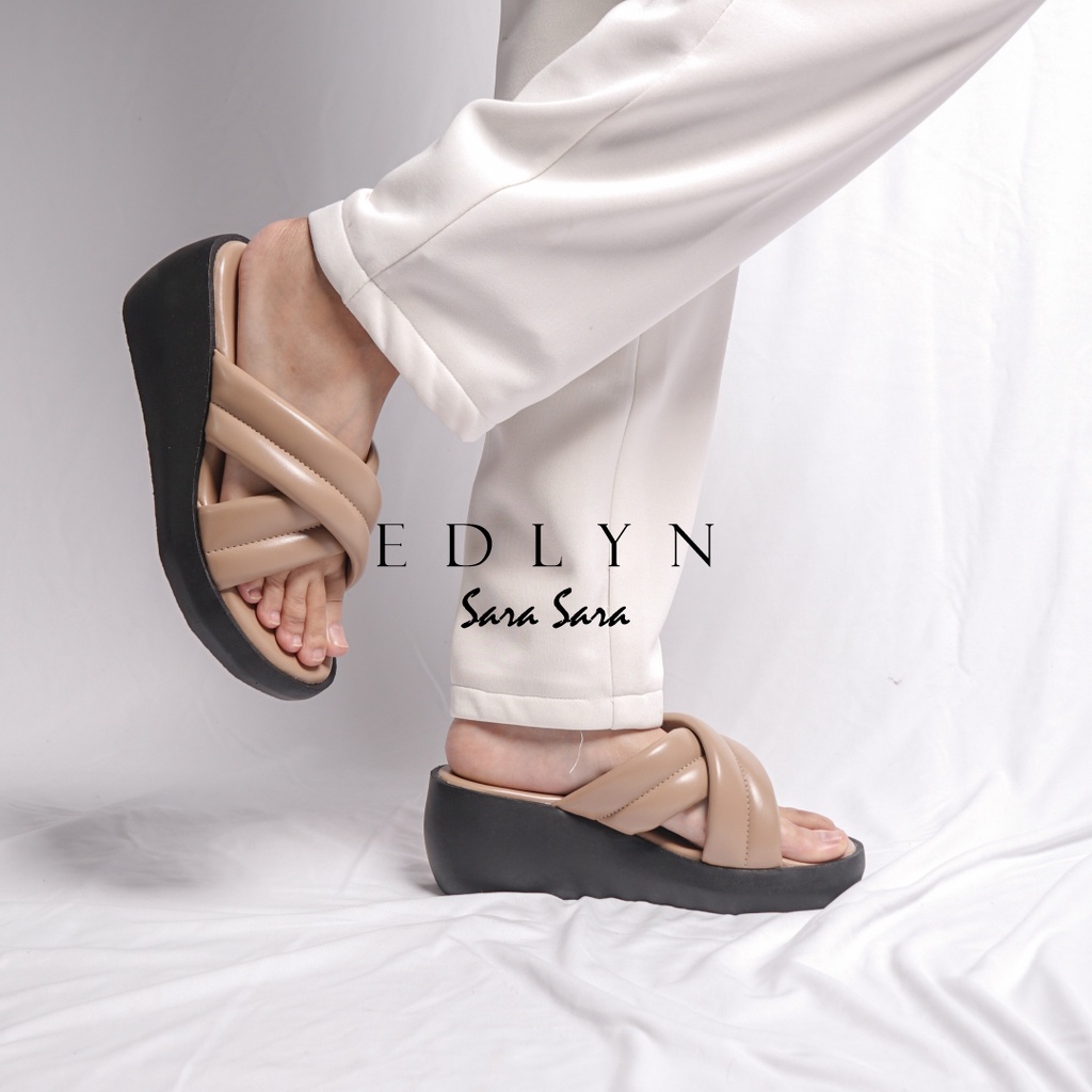 Sara Sara Edlyn Sendal Wedges Wanita Casual Sendal Wanita Ban Dua Silang Kulit Kekinian Size 36-40