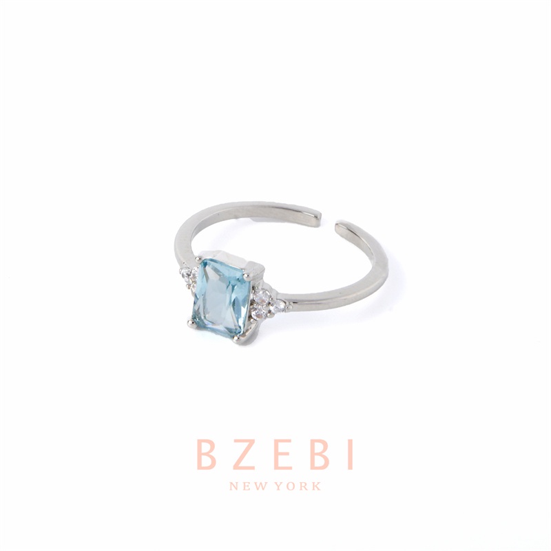 Bzebi Cincin Platinum 18k Model Terbuka Adjustable Hias Berlian Aquamarine Gaya Korea 824r