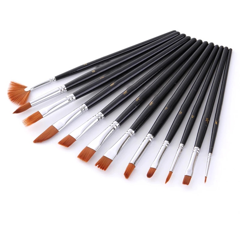 

12 x Nylon Hair Paint Brush Set Artist Watercolor Acrylic Oil Painting Supplies (Black)