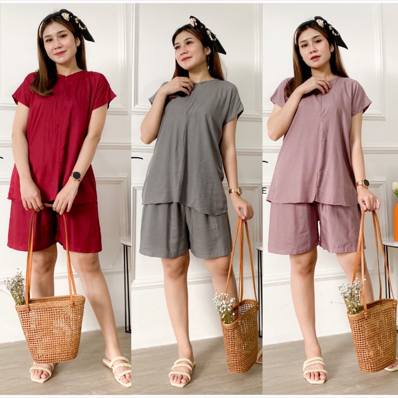 CANDY ONE SET PENDEK POLOS MOTIF PREMIUM ADEM  BY MORIST BERLABEL / SET WANITA ATAS BAWAH ADEM