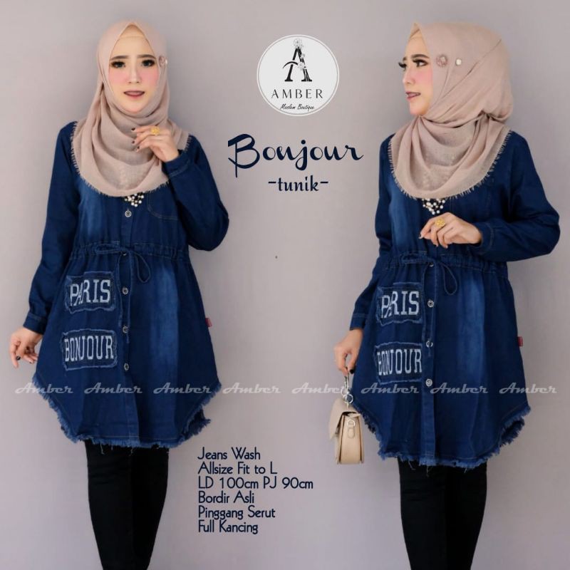BONJOUR Tunik  jeans Model terbaru Cantik Bordir Asli Pinggang serut  size L LD 100cm