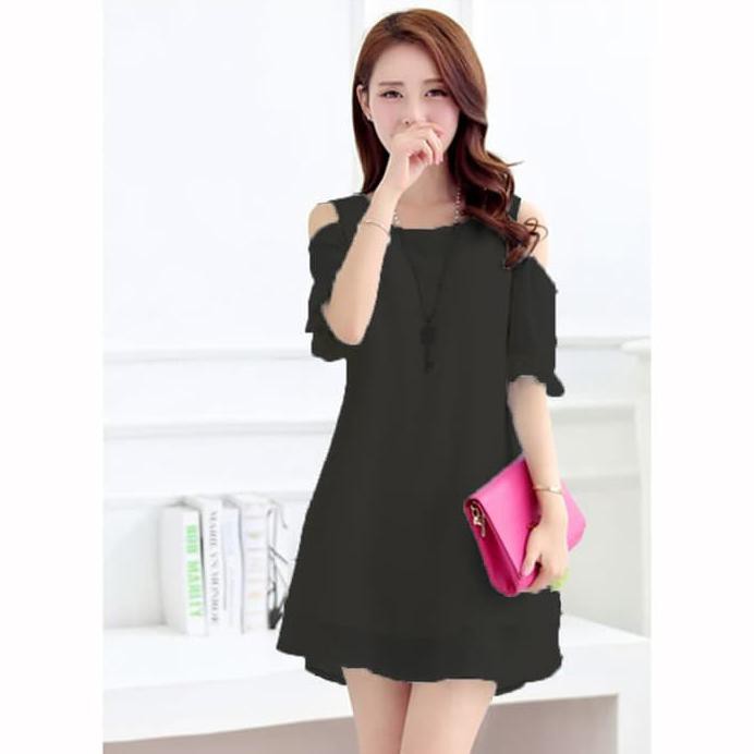 DRESS SIFON TANGAN 3 4 OPEN SHOULDER GAYA KOREA BEAUTY HITAM