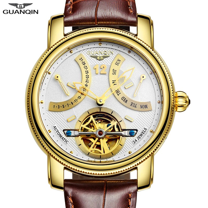 Jam tangan mekanik keren GUANQIN 2018 Tourbillon Automatic clock waterproof gold Brand Luxury Watch