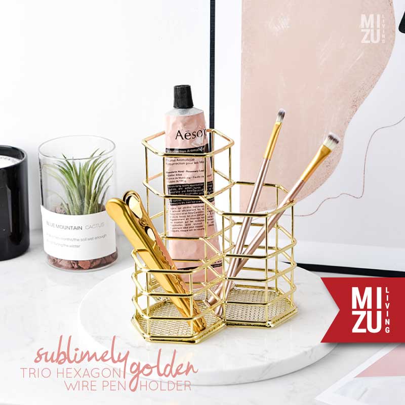 SUBLIMELY GOLDEN TRIO HEXAGON Wire Pen Holder Pencil Stationery Tempat Pensil Alat Tulis Emas