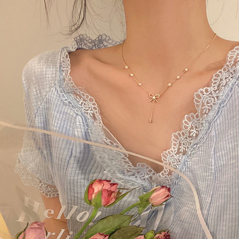 Kalung Choker Rantai Desain Kupu-Kupu Aksen Mutiara Gaya Korea
