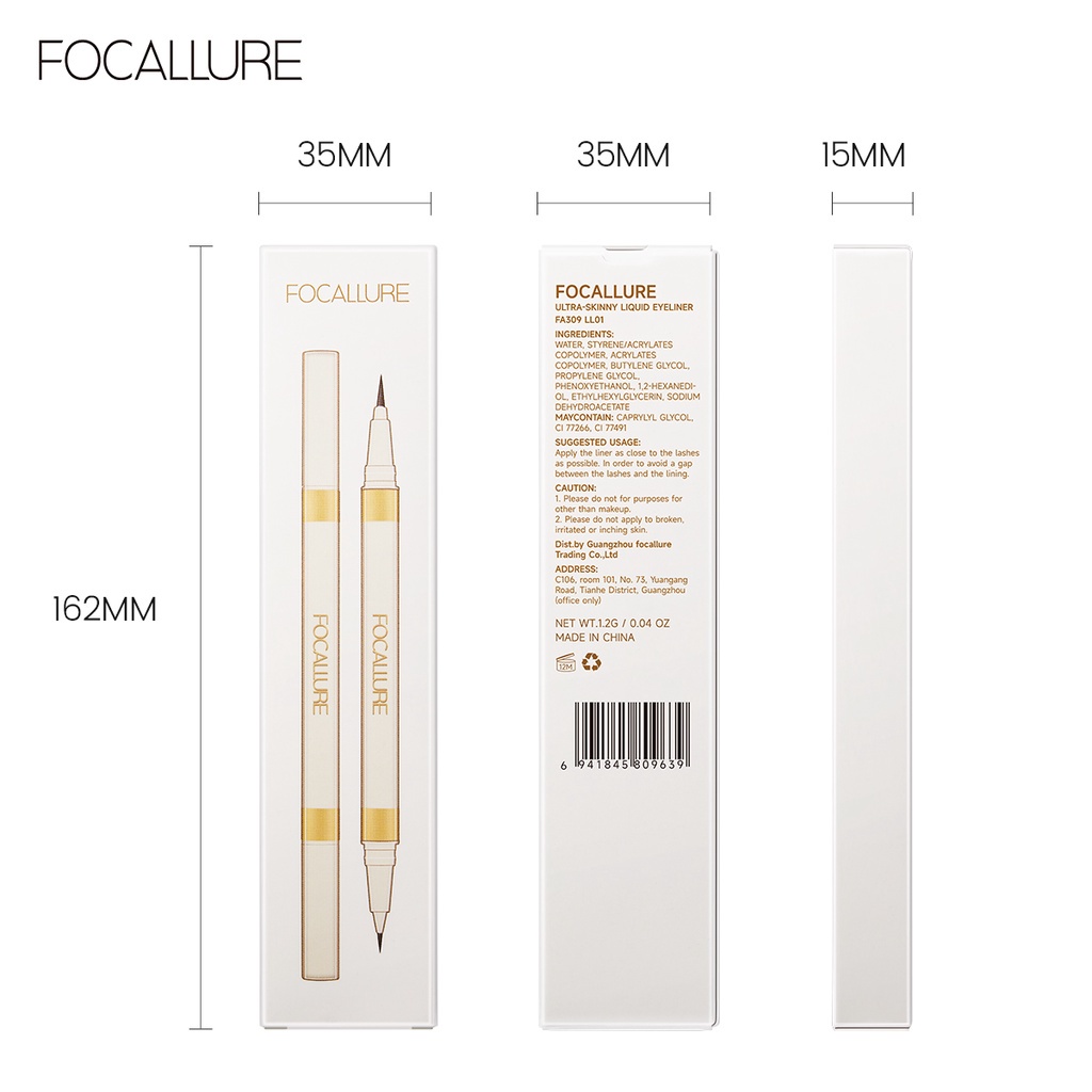 FOCALLURE Double head 2-in-1 Waterproof Liquid Eyeliner Fine Tip Quick Dry Waterproof Long-last 2 Shades Black Brown 2 IN 1