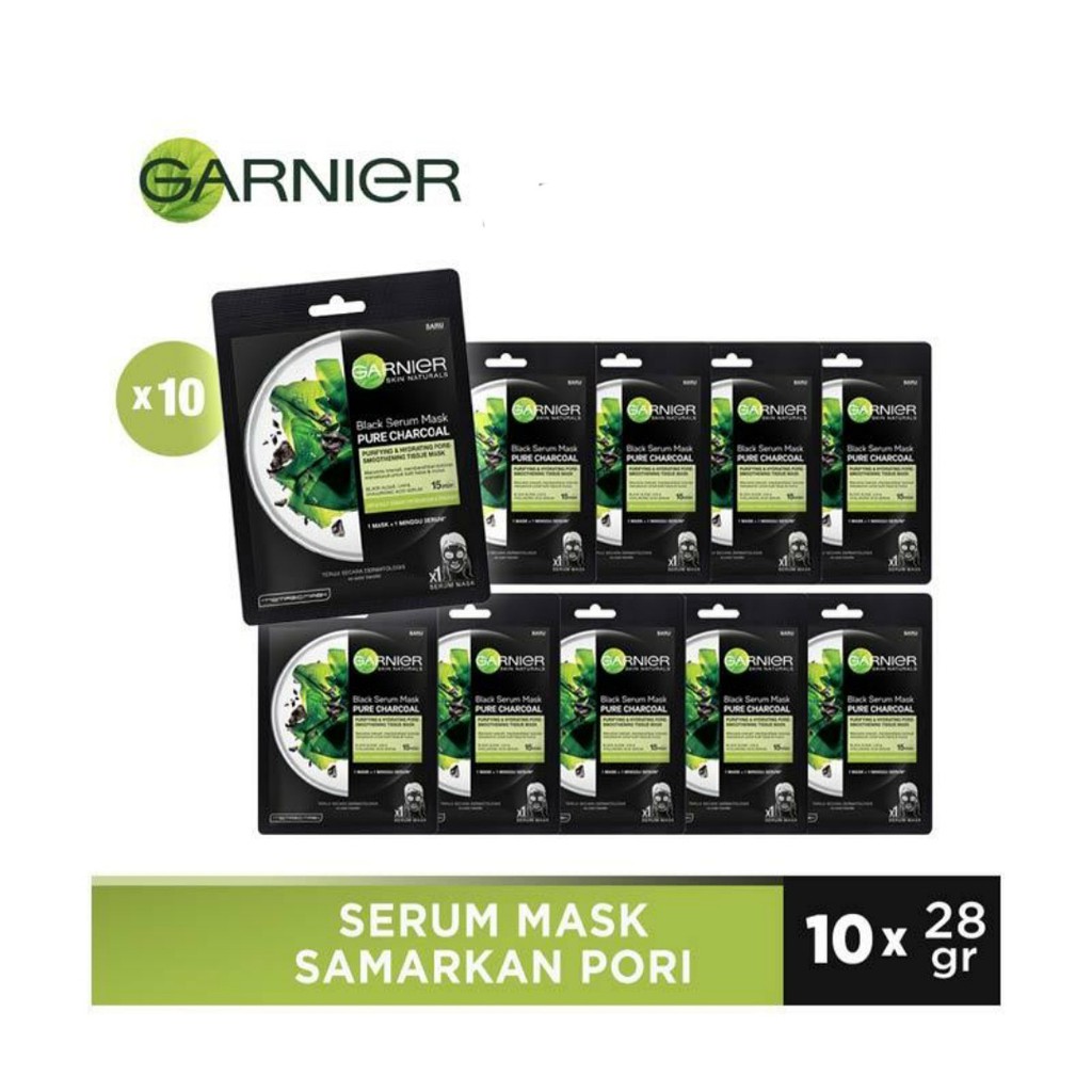garnier masker wajah samarkan pori pure charcoal (hitam) isi 10pcs