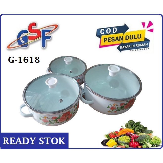 Panci Set Enamel GSF-1618 Panci 3 Susun Tutup Kaca Motif Bunga Jepang-new