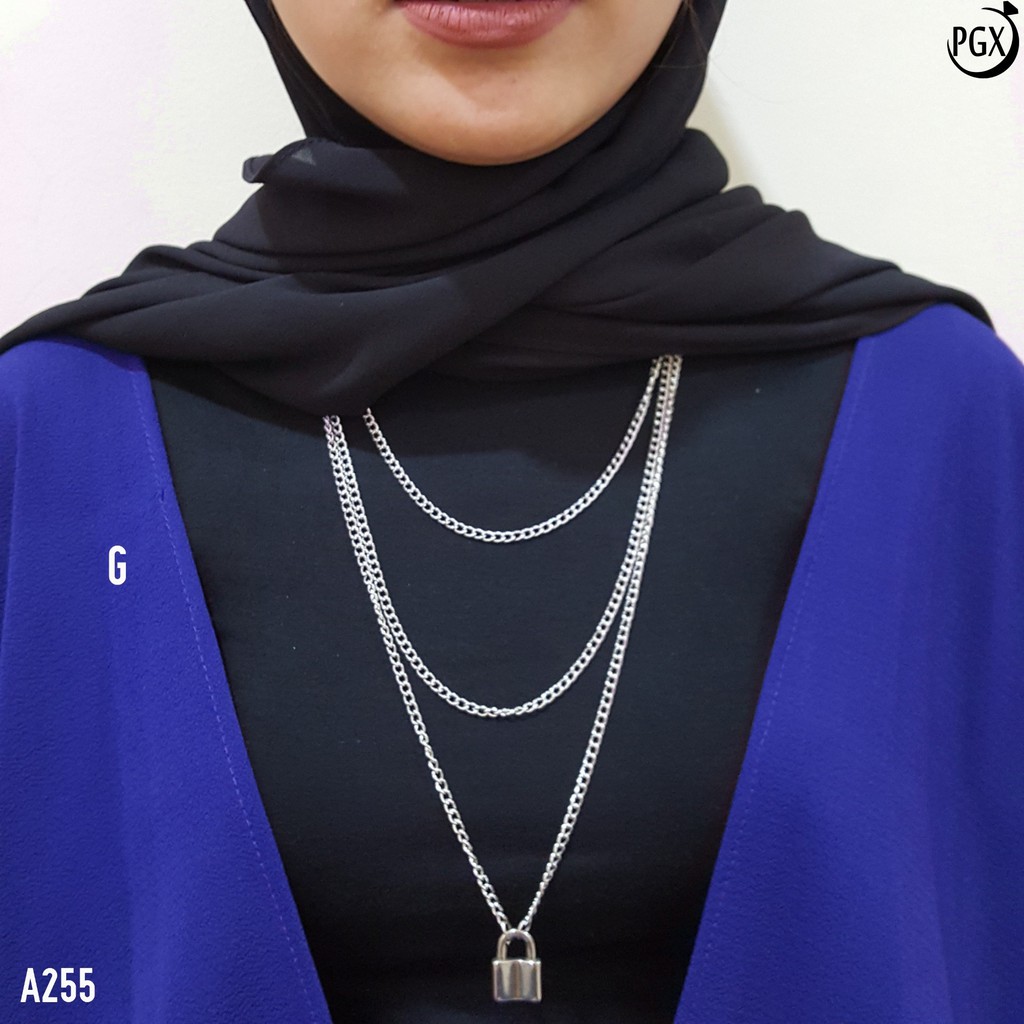 PGX Kalung Rantai Wanita Gembok Panjang Hijab Multilayer - A255