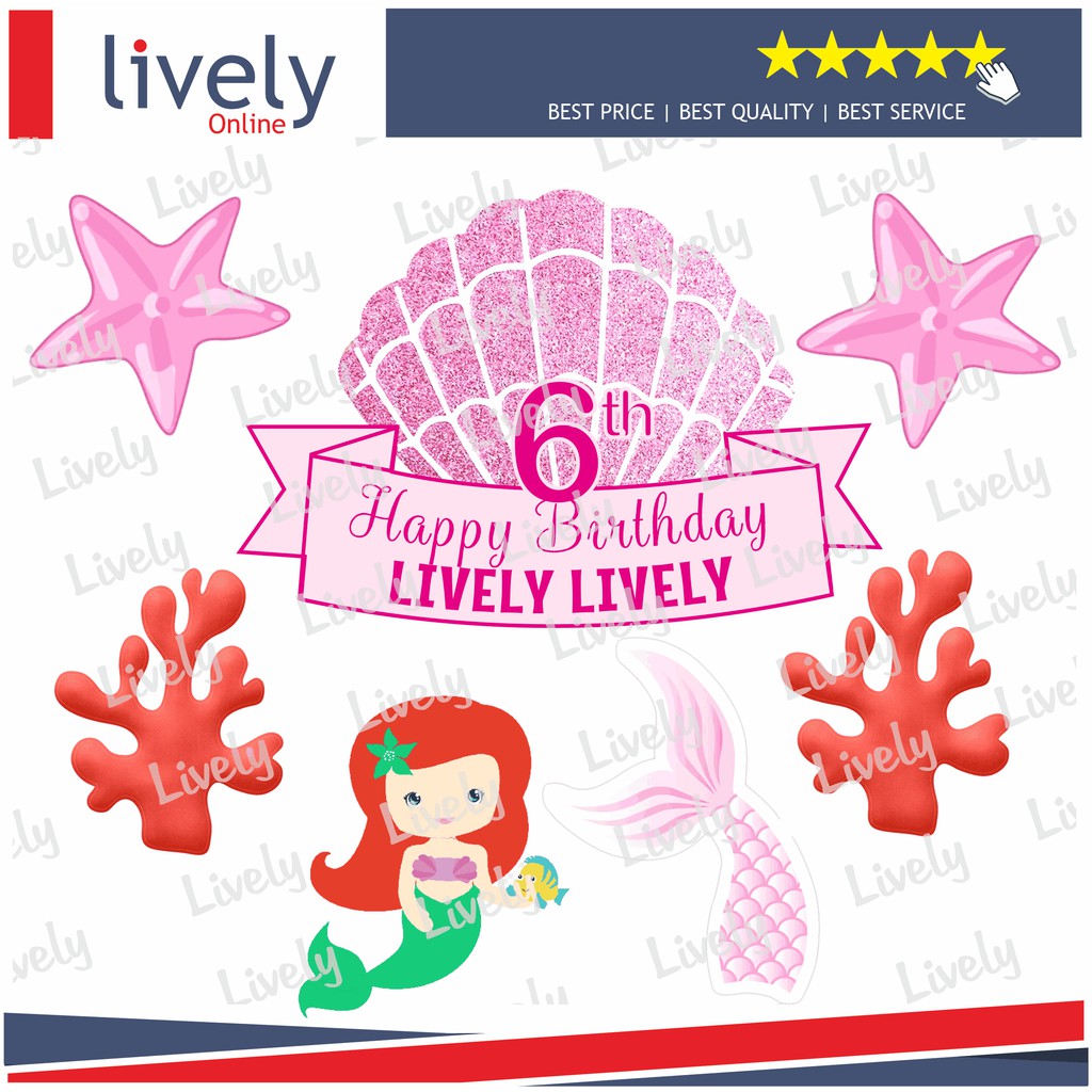 CUSTOM NAMA CAKE TOPPER KARAKTER MERMAID 04 HIASAN KUE HBD HAPPY BIRTHDAY