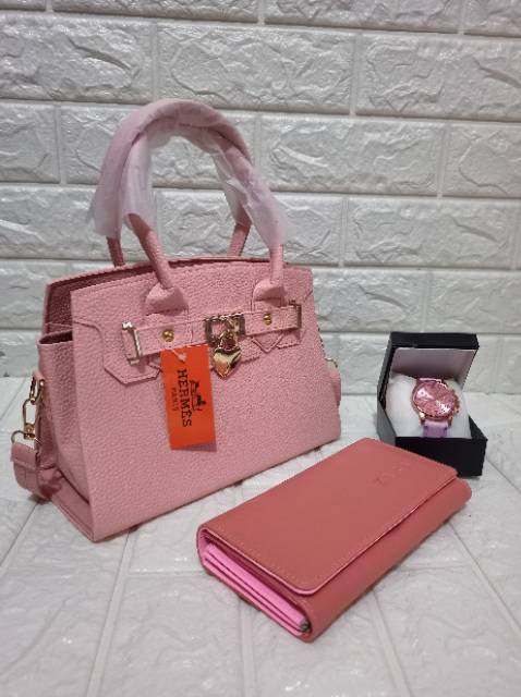 Paket tas wanita 3in1 dts-HM155 tas dompet jam