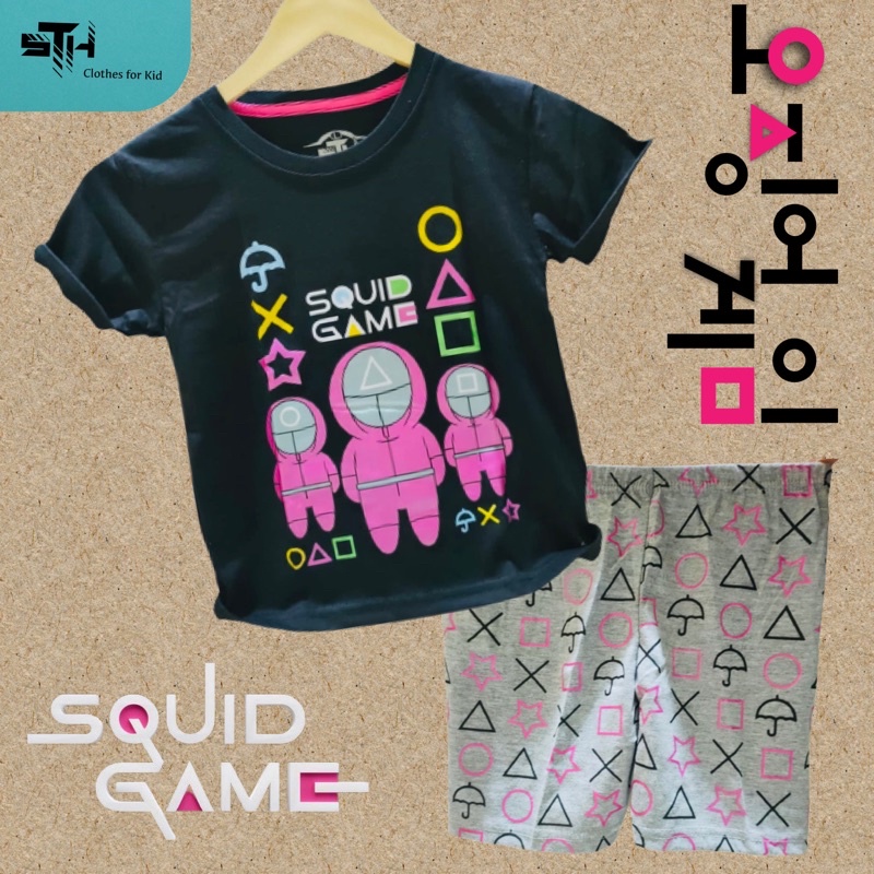 STH 3-10 tahun (1 set )[ M/L/XL/XXL ] Baju Kaos &amp; Celana Anak laki laki Cowok Cewek DISTRO Bahan Katun Cotton Combed  - SQUID GAME