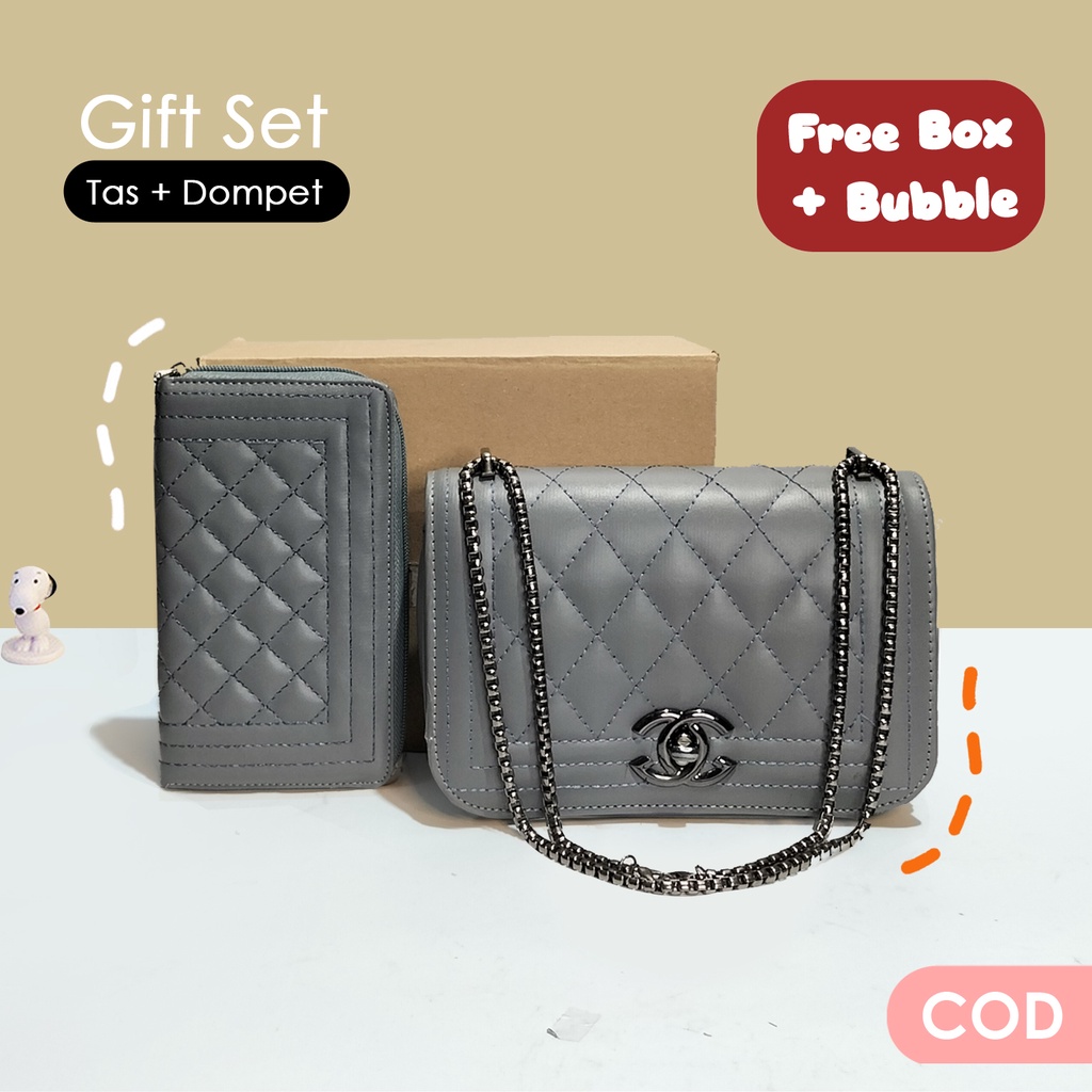 Paket tas wanita dan dompet set shoulder bag tali rantai dan wallet hp dan uang cewek polos sling bag cewek