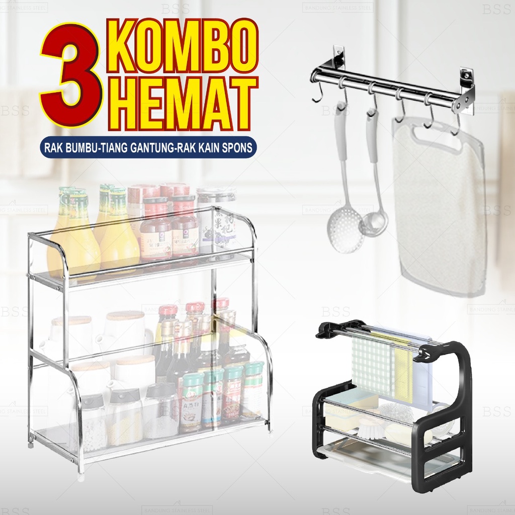 Paket 3IN1 Kombo Hemat Rak Bumbu Set Kitchen Bar Rak Gantung Kain Spoons Organizer