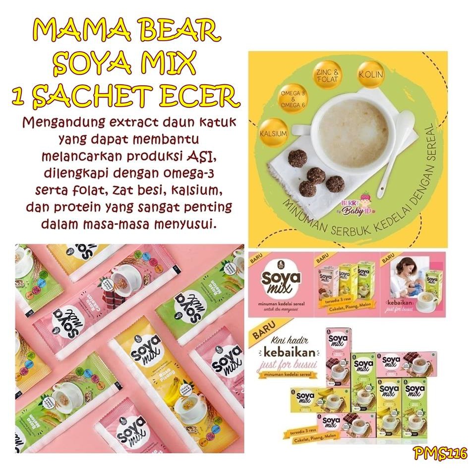 PMS116 PELANCAR ASI MAMABEAR SOYA MIX  dan ALMOND MIX BOOSTER ASI HANYA 1 SACHET/ ECERAN