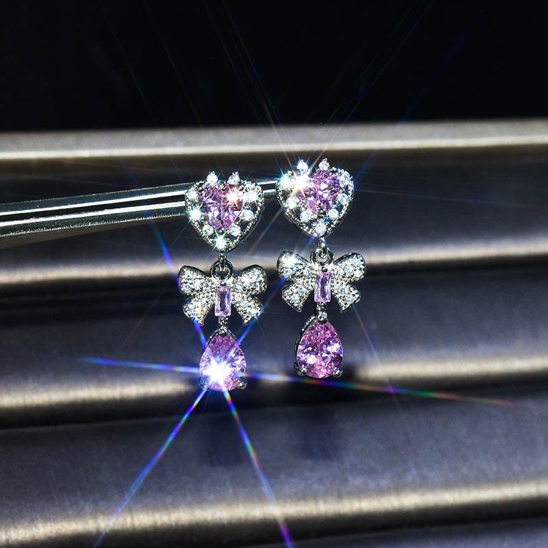 Fashion Inlaid Pink Crystal Vintage Bow Ear Stud Earring