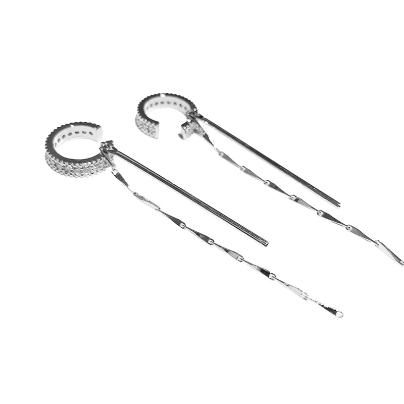 Anting Klip Tanpa Tindik Bentuk C Rumbai Panjang Hias Zircon Untuk Wanita