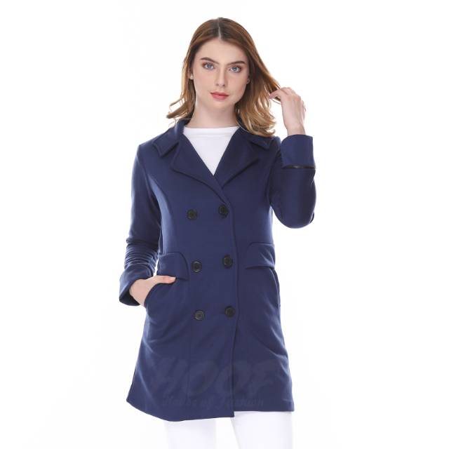 COAT WANITA JESSIE NAVY - Jaket Panjang Biru Cewek Winter Korea Fleece Hijab Casual Santai Ngantor