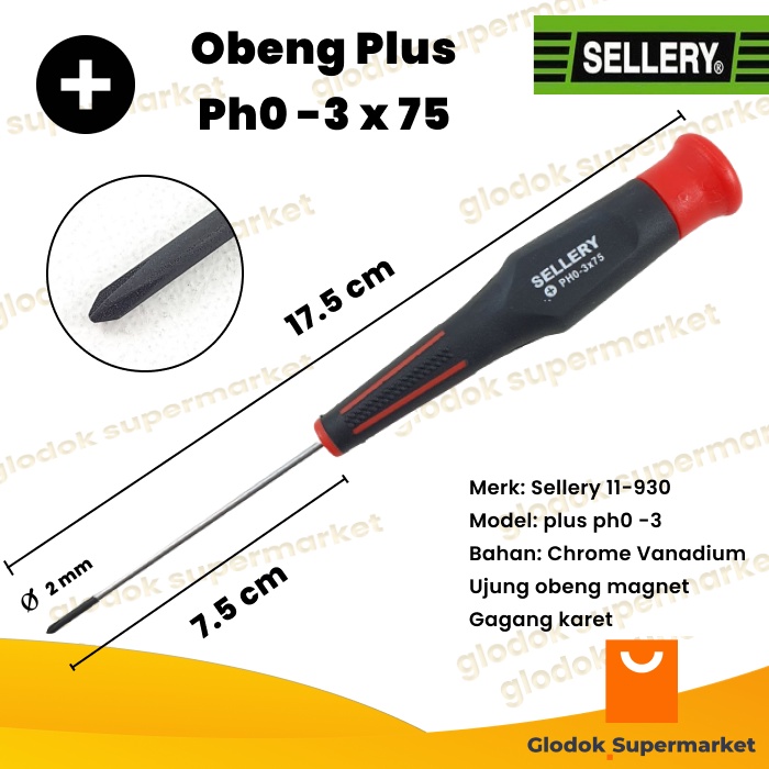 Obeng Plus Ph0 -3 x 75 Sellery 11-930 Diameter 2mm Panjang Besi 75mm Magnet Gagang Karet