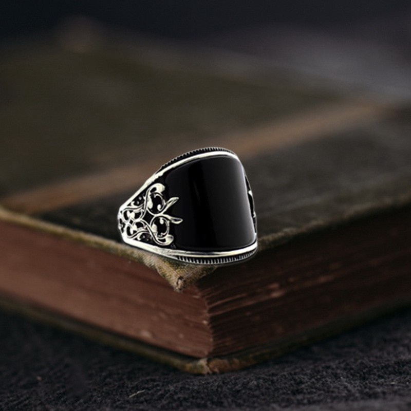 Cincin Sterling Silver 925 Hias Batu Akik Hitam Ukuran 6-14 Gaya Vintage Klasik Untuk Pria