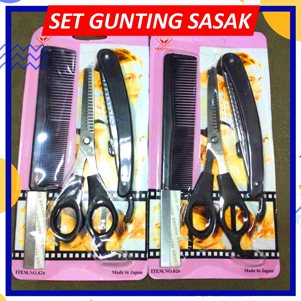 Set Gunting Sasak + Pisau Isi 4 Pcs / Set Peralatan Salon Hair Cutting Styling / Set Gunting Sasak Alat Cukur Rambut isi 4 Pcs