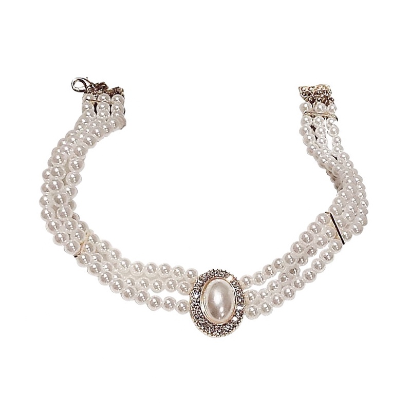 Kalung Choker Tiga Lapis Aksen Mutiara Berlian Imitasi Bahan Alloy Gaya Korea Untuk Wanita