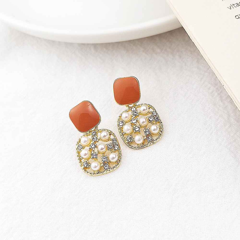 Anting Liontin Mutiara Persegi Mewah Ringan Prancis Anting-anting Wanita Hijau Zamrud Antik Kelas Atas-6