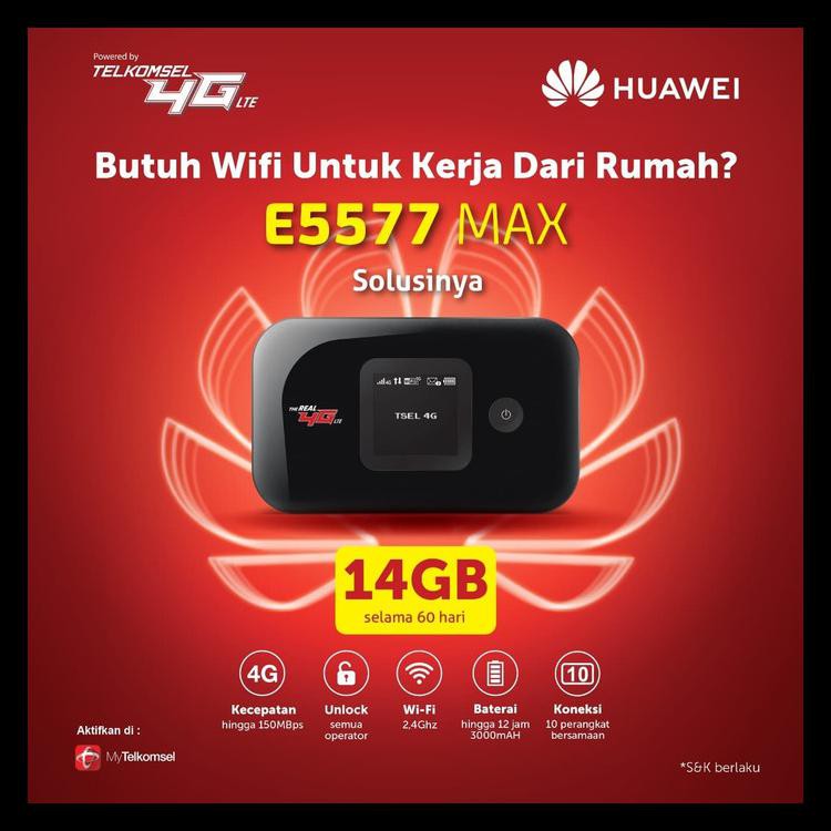 Modem Mifi Wifi Router 4G Huawei E5577 Free Telkomsel 14Gb 2Bln Max