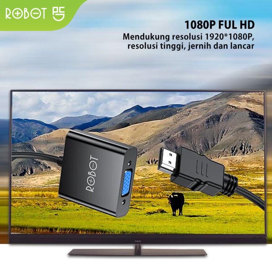 ROBOT RHV10 RHV 10 Converter Adapter HDMI TO VGA 1080P Without Audio &amp; Power Black Garansi Original Resmi KONVERTER HDMI KE VGA