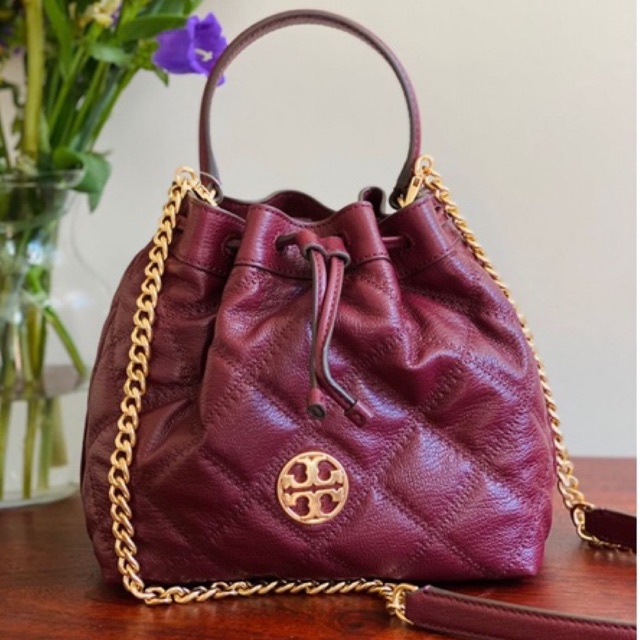 tory burch tb willa drawstring claret bucket bag