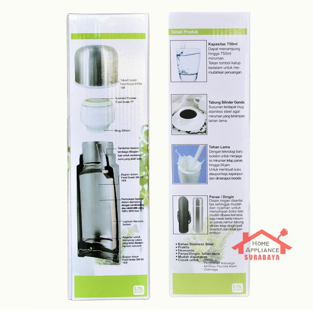 Thermos Termos Air Panas Dingin Q2 0.75 liter 750 Ml Q2-6075 / Q2 6075 Vacuum Flask