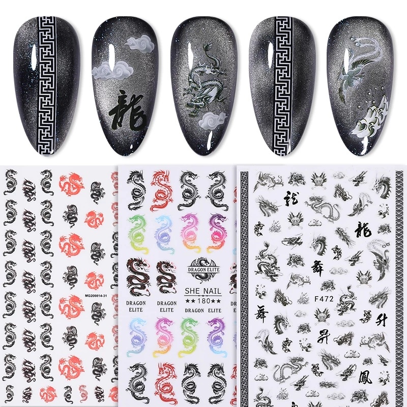 1 Lembar / Pak Stiker Kuku Foil Transfer Air Motif Print Ular / Naga Untuk Dekorasi Manicure / Nail Art