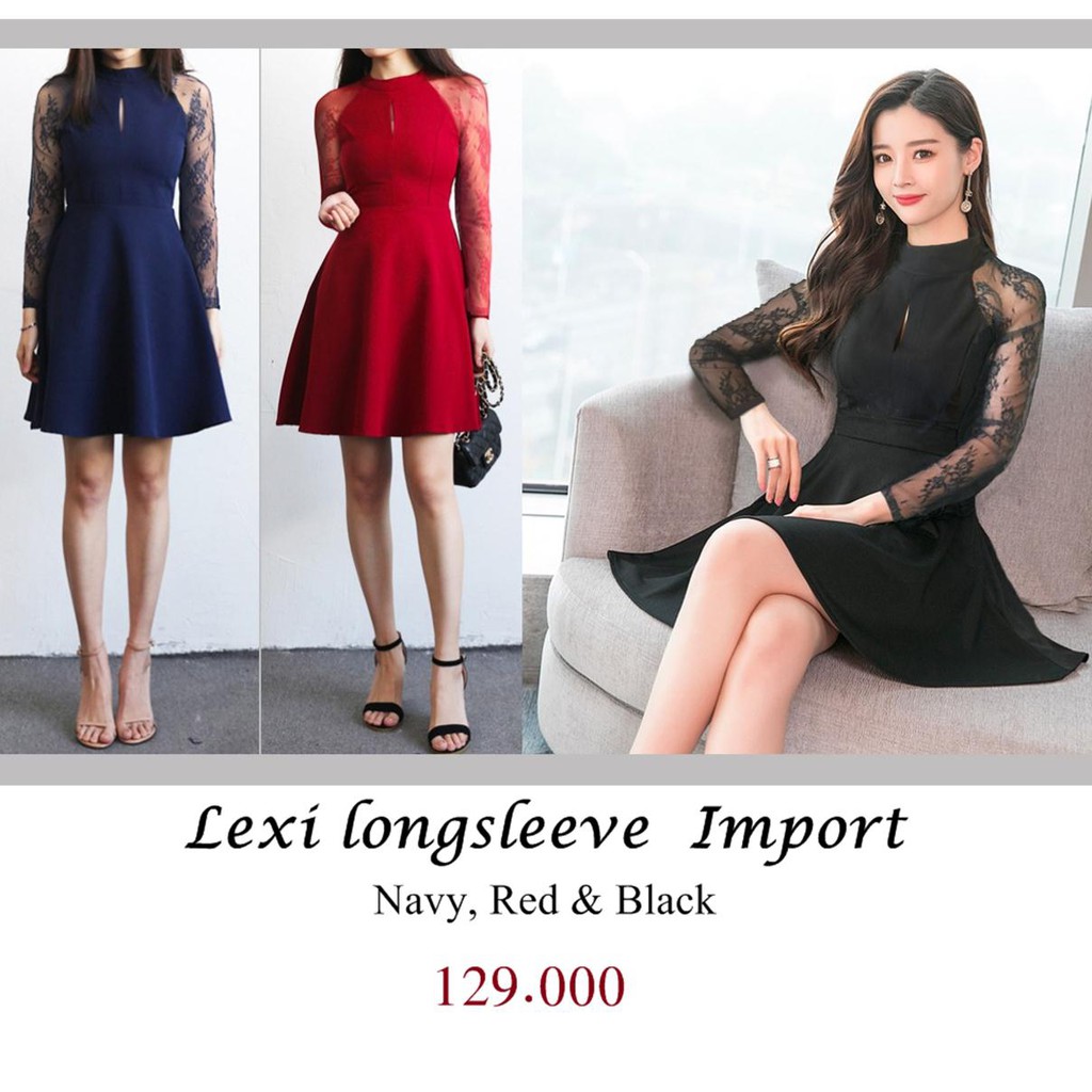 Dress Bangkok Import Brocade Baru Simple Murah Gaun pendek Lengan Panjang brukat berkualitas LEXI