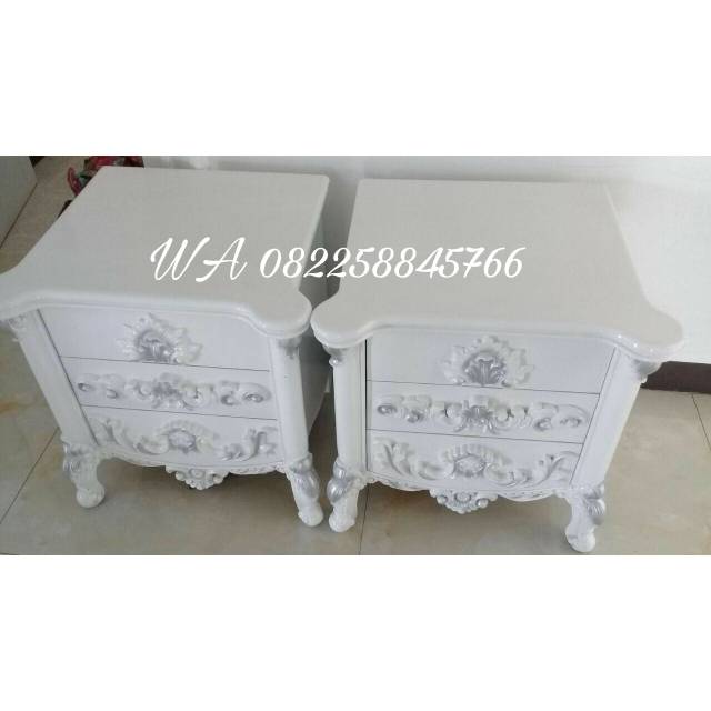 Satu Set Nakas Hias Ukir, Nakas Lemari Laci Pajangan Warna Putih/Duco Kayu Jati Jepara