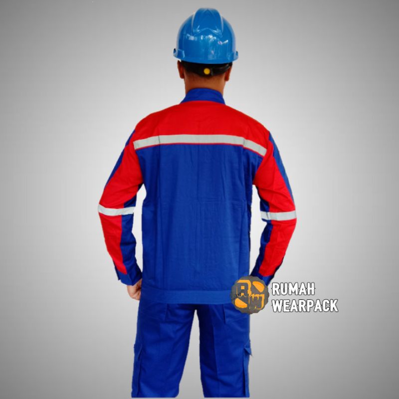 Baju Kerja/ Wearpack Proyek/ Seragam Kerja Atasan Biru Benhur Merah