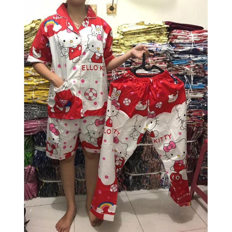 piyama baju tidur 3in1 wanita dewasa motif kartun stich Mickey mouse hello Kitty Poppy cat doraemon