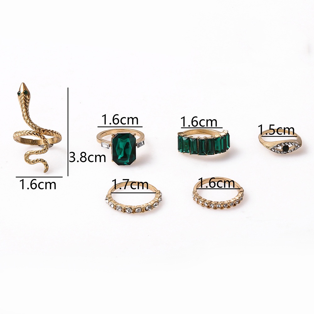 6pcs / Set Cincin Jari Wanita Desain Ular Hias Zircon Hijau Berlian Imitasi Untuk Pesta Pernikahan