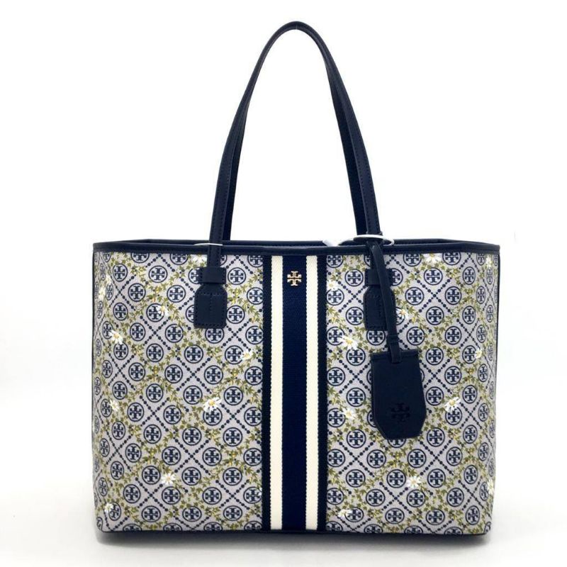 TORY BURCH T Monogram Floral Vine Small Top-Zip Tote Bag (Navy)