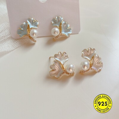 Anting Tusuk Sterling Silver 925 Lapis Emas 18K Desain Daun Ginkgo Hias Mutiara + Berlian Untuk Wanita