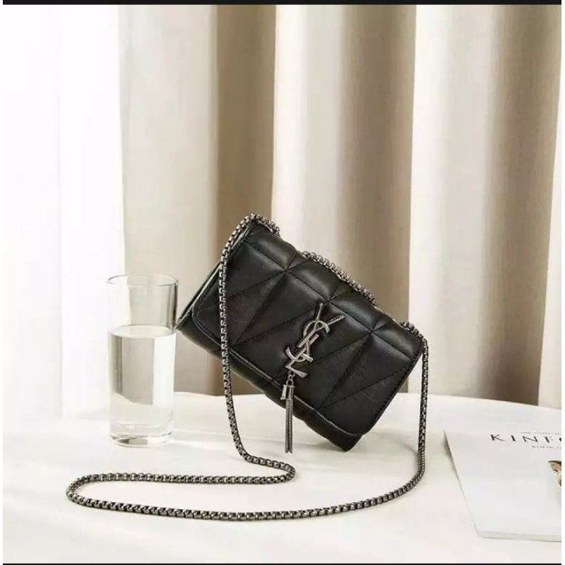 ( Free Box ) Tas Selempang Wanita Bahu ISL full black rantai ulir import Terbaru Termurah ( COD )