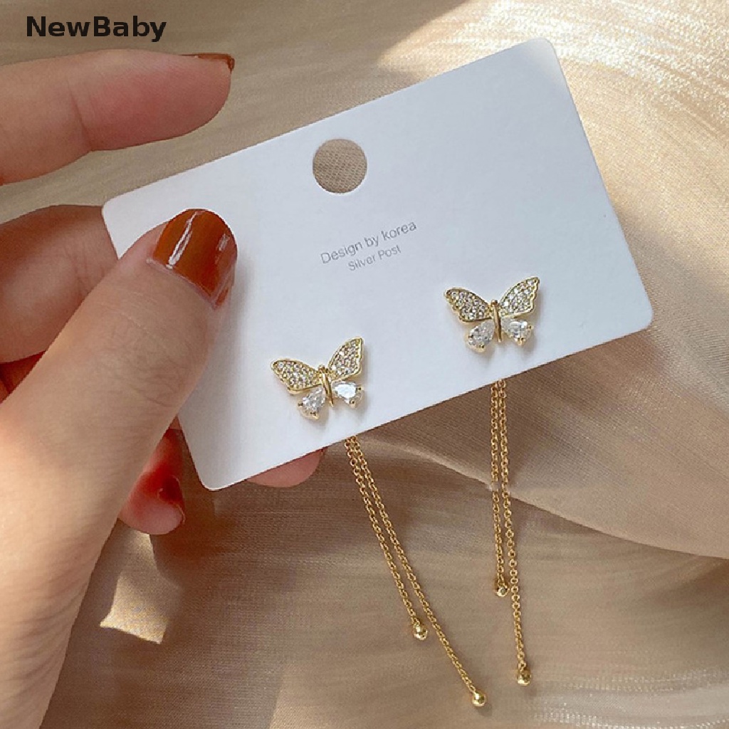 Anting Stud Desain Kupu-Kupu Aksen Kristal Berlian Imitasi Gaya Korea Untuk Wanita