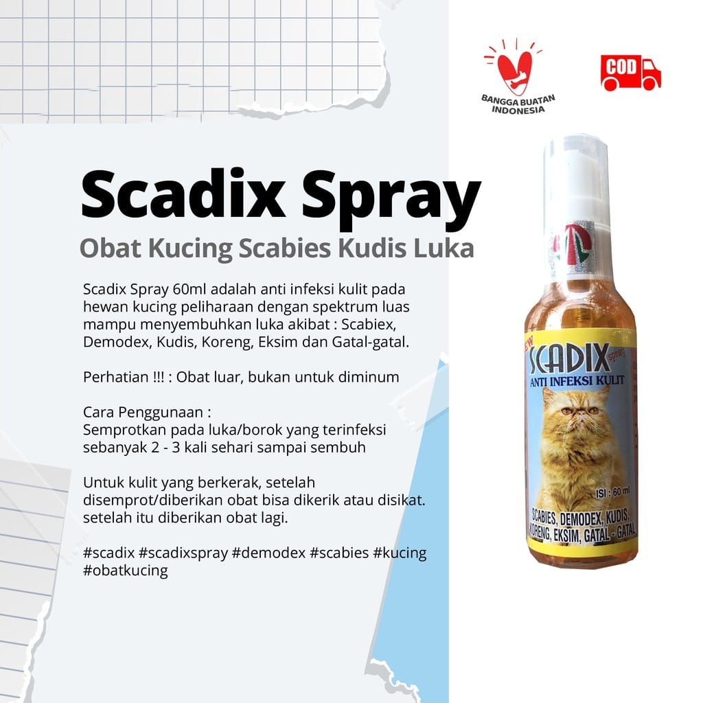 OBAT ANTI INFEKSI KULIT KUCING - SCADIX CAT SPRAY 60 ML - SEMBUHKAN SCABIES LUKA DEMODEX KUDIS EKSIM KORENG GATAL JAMUR BAKTERI KUTU VIRUS KITTEN - MURAH GARANSI KUALITAS ASLI ORIGINAL - PET ANIMAL TAMASINDO OBAT &amp; VITAMIN HEWAN PELIHARAAN MITRAPETLOVER