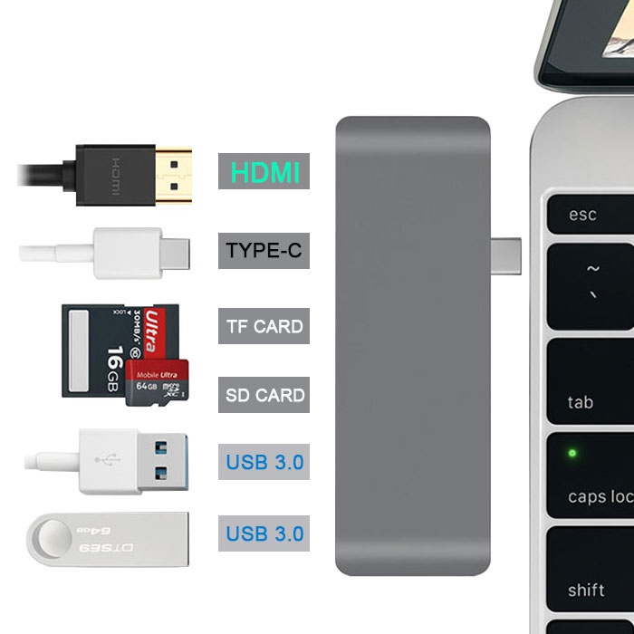 USB Hub 6 in 1 USB Type C with HDMI 4K &amp; Card Reader - T62 - Gray